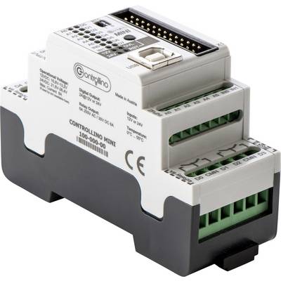 Programowalny sterownik logiczny (PLC) na szynę DIN do montażu na szynie TH, z interfejsami USB i Ethernet oraz wieloma zaciskami.