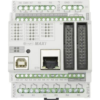 Elektroniczny moduł sterujący z różnymi wejściami i wyjściami, złączami USB i Ethernet, oznaczony napisem 'MAXI'.