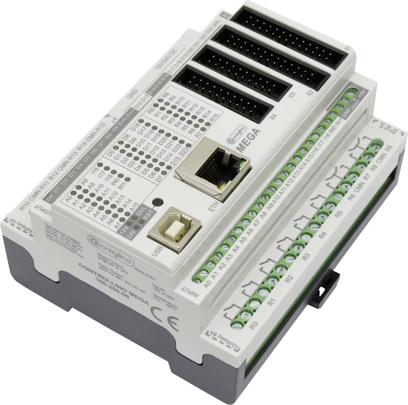 Biały moduł sterujący z wieloma gniazdami przyłączeniowymi i zaciskami śrubowymi, przeznaczony do przemysłowych systemów sterowania.