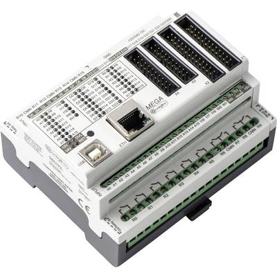 Elektroniczny sterownik, prawdopodobnie sterownik PLC, z wieloma możliwościami podłączenia i oznaczeniami, przeznaczony do zastosowania w szafie sterowniczej.