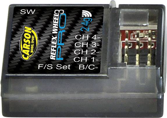 Bezprzewodowy odbiornik 'Reflex Wheel Pro 2.4G' firmy Carson z czterema kanałami. Jasny LED sygnalizuje stan urządzenia. Odpowiedni dla modeli pojazdów.