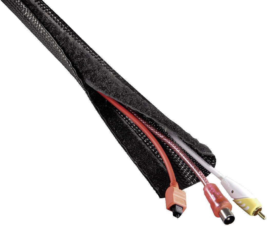 Czarny kanał kablowy, częściowo otwarty, z czerwonymi i białymi kablami, kablem HDMI oraz żółtą wtyczką AV.