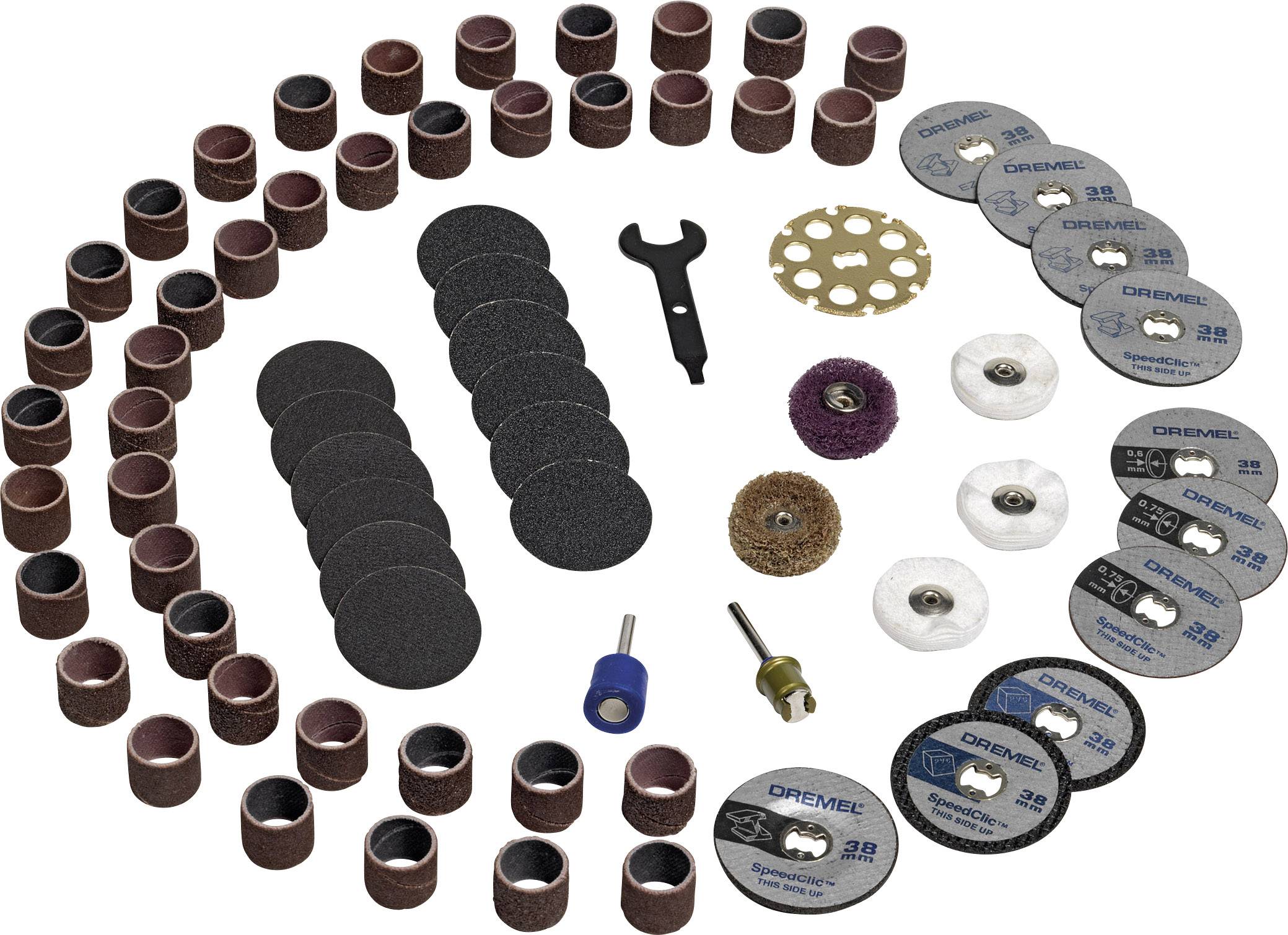 Wszechstronny zestaw akcesoriów Dremel z taśmami szlifierskimi, tarczami tnącymi, nasadkami polerskimi i innymi dodatkami do precyzyjnych prac.