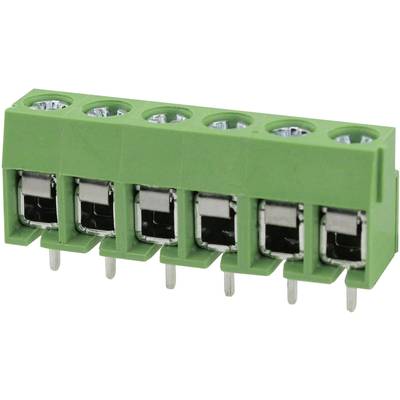 Zielona sześciobiegunowa kostka przyłączeniowa do płytek drukowanych, stosowana do połączeń elektrycznych, przedstawiająca złącza i otwory montażowe.