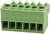 Zielony blok przyłączeniowy do połączeń elektrycznych, sześciopinowy, odpowiedni do montażu na płytce drukowanej.