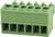 Zielony blok złącza z sześcioma stykami, typowo stosowany w okablowaniu elektrycznym.