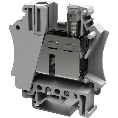 Przekrój bloku zacisków ukazuje wewnętrzną budowę, w tym połączenia metalowe, mechanizm śrubowy i obudowę.