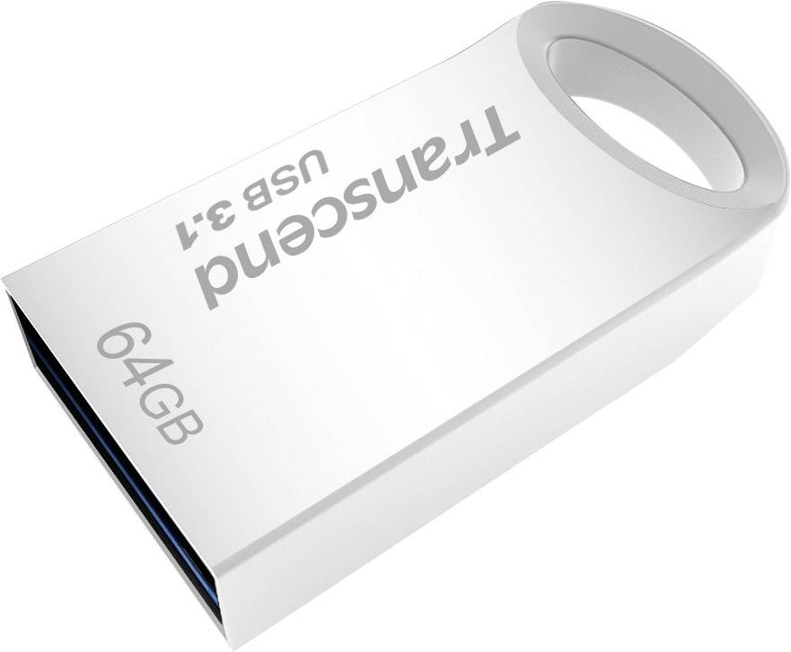 Srebrny pendrive marki Transcend o pojemności 64 GB z interfejsem USB 3.1.