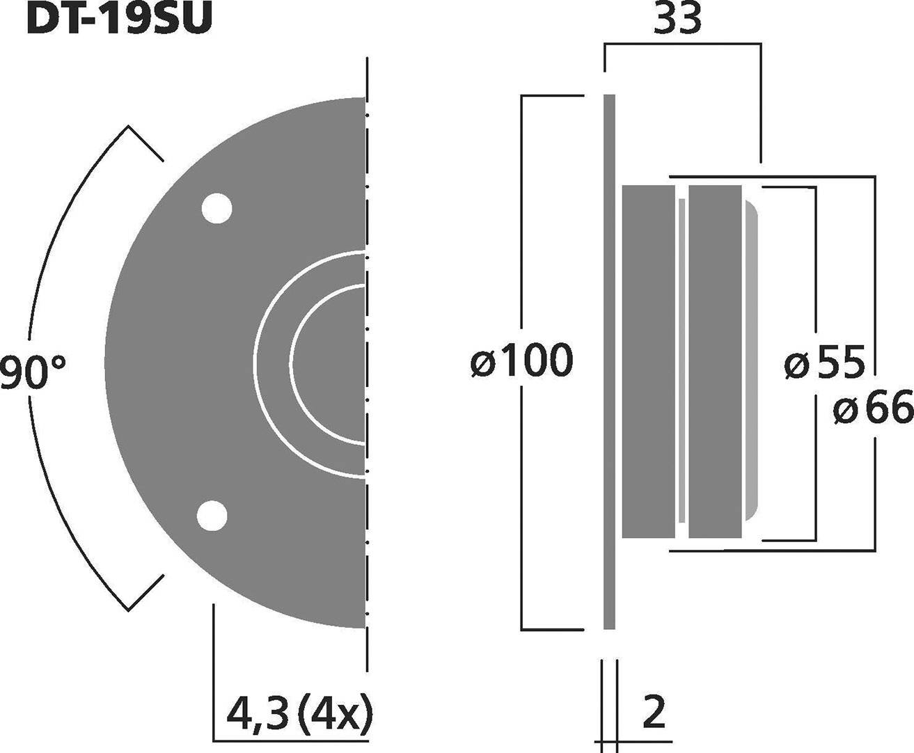 Rysunek techniczny kołnierza DT-19SU. Przedstawiono widok z boku i z góry z wymiarami: średnica 100 mm, grubość 33 mm. Średnica otworów 4,3 mm, rozmieszczone co 90 stopni.