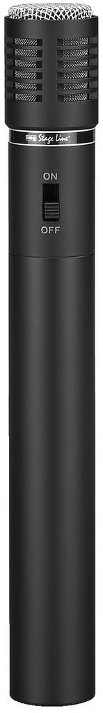 Czarne, smukłe mikrofon z przełącznikiem włączania/wyłączania. Idealny do nagrań głosowych lub występów muzycznych.