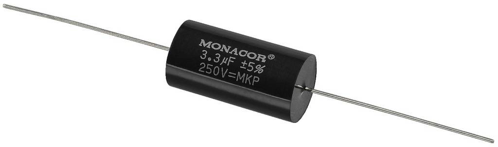 Cylindryczny kondensator z napisem 'MONACOR 3,3 µF ±5% 250V MKP'. Element elektroniczny z dwoma wyprowadzeniami przewodowymi.