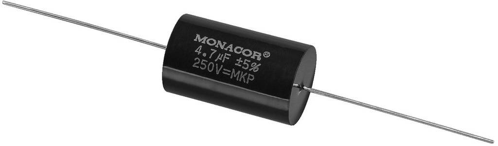 Cylindryczny kondensator elektroniczny, oznaczony napisem 'MONACOR 4,7 µF ±5% 250V=MKP', z dwoma osiowymi przewodami przyłączeniowymi.