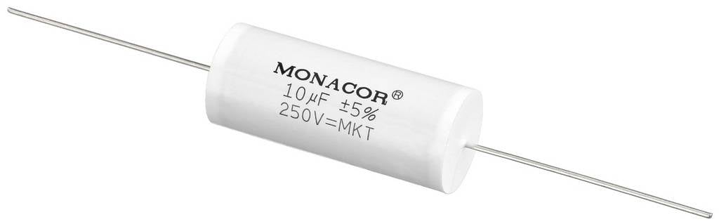 Cylindryczny kondensator marki Monacor. Napis: '10µF ±5% 250V=MKT'. Element z dwoma wystającymi przewodami przyłączeniowymi.
