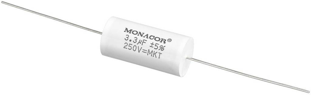 Biały cylindryczny kondensator z napisem '3,3µF ±5% 250V=MKT' i dwoma przewodami przyłączeniowymi.