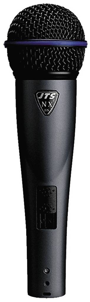 Czarne, ręczne mikrofon z logo producenta na uchwycie. Zaprojektowane do transmisji głosu i śpiewu.