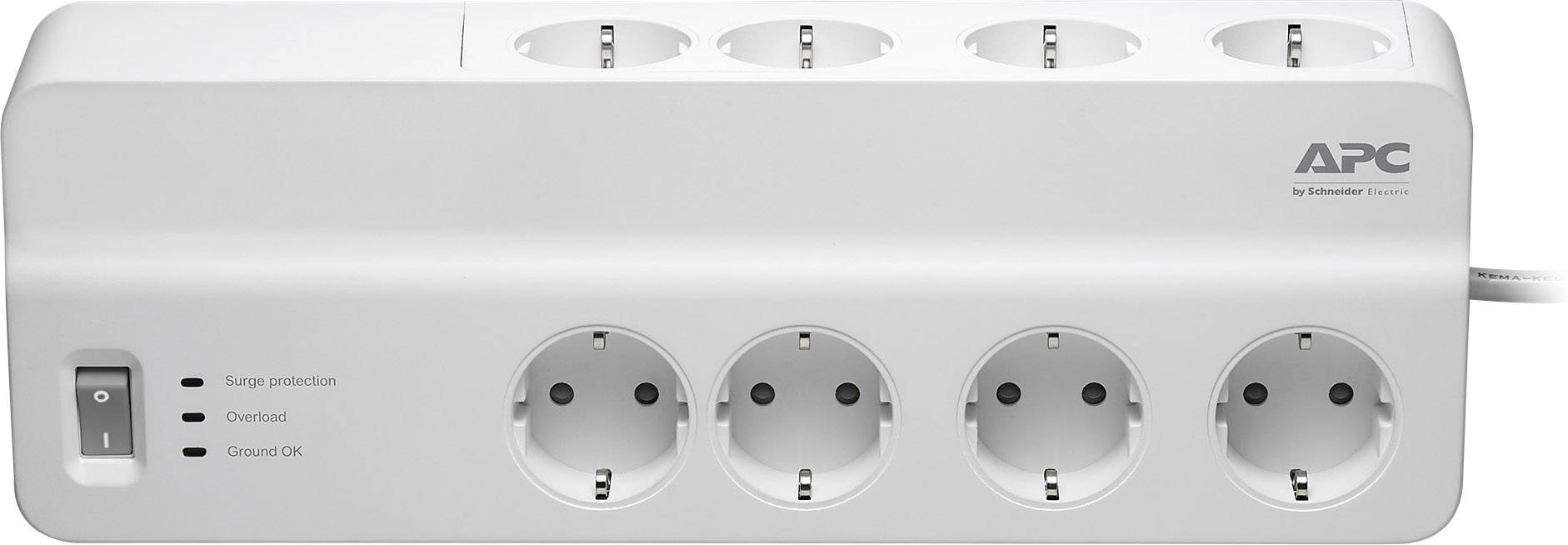 'Biała listwa zasilająca APC z ośmioma gniazdkami i ochroną przeciwprzepięciową. Trzy diody LED wskazują stan: ochrona, przeciążenie, OK.'