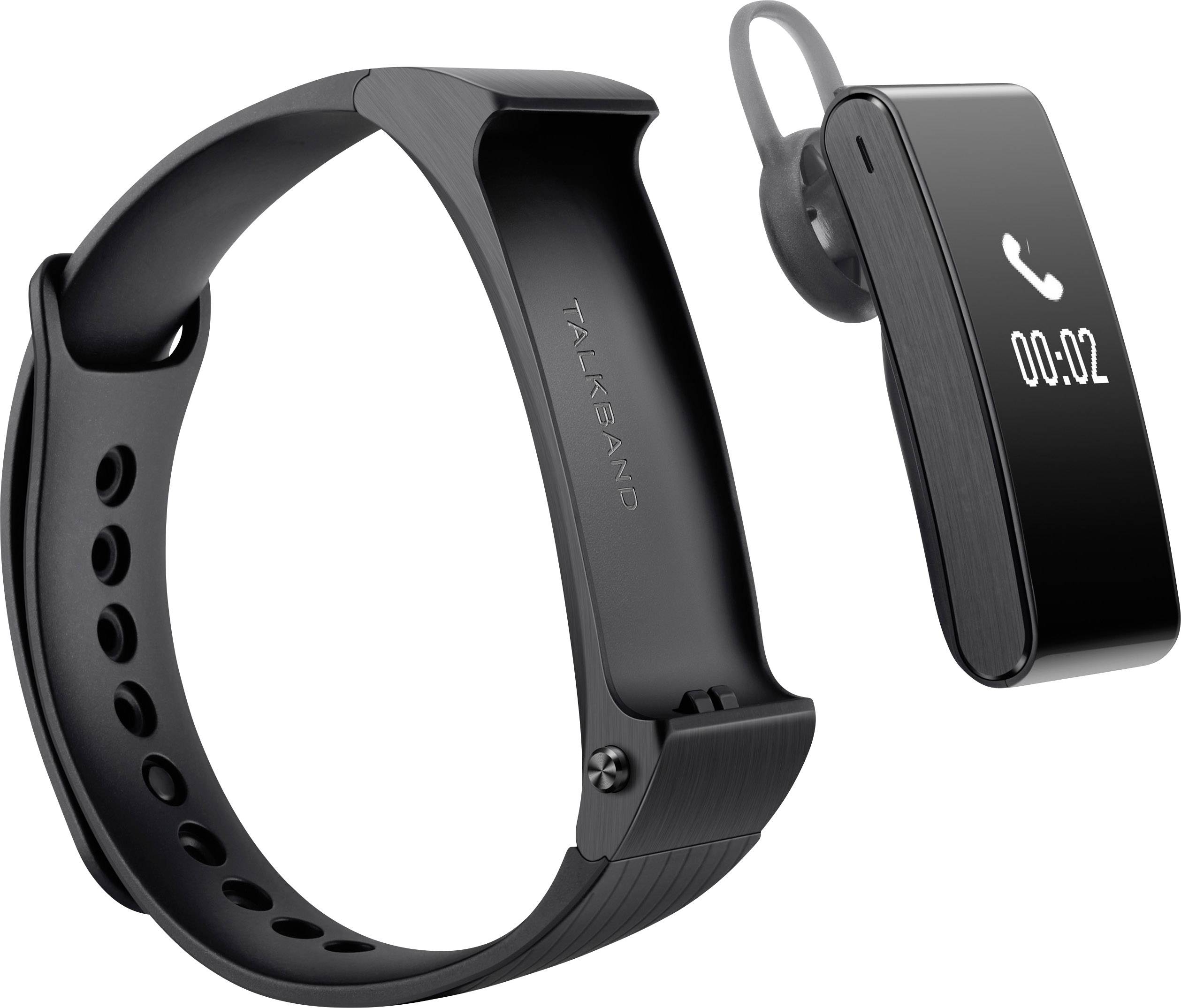 Czarna opaska i osobny zestaw słuchawkowy Bluetooth z wyświetlaczem cyfrowym. Główna funkcja: rozmowy głośnomówiące i wyświetlanie połączeń.