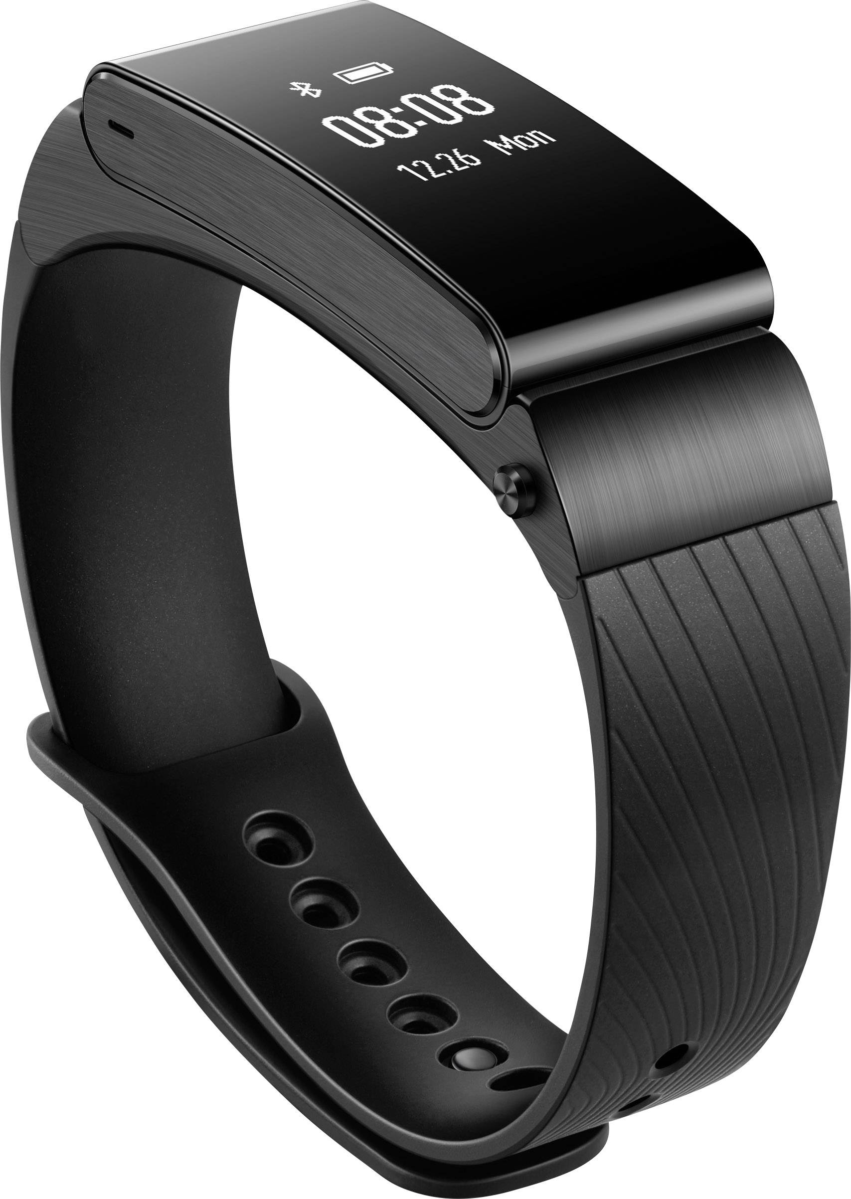 Czarny smartband fitness z cyfrowym wyświetlaczem, pokazujący godzinę '08:08' i datę. Smukła konstrukcja z teksturowanym paskiem.