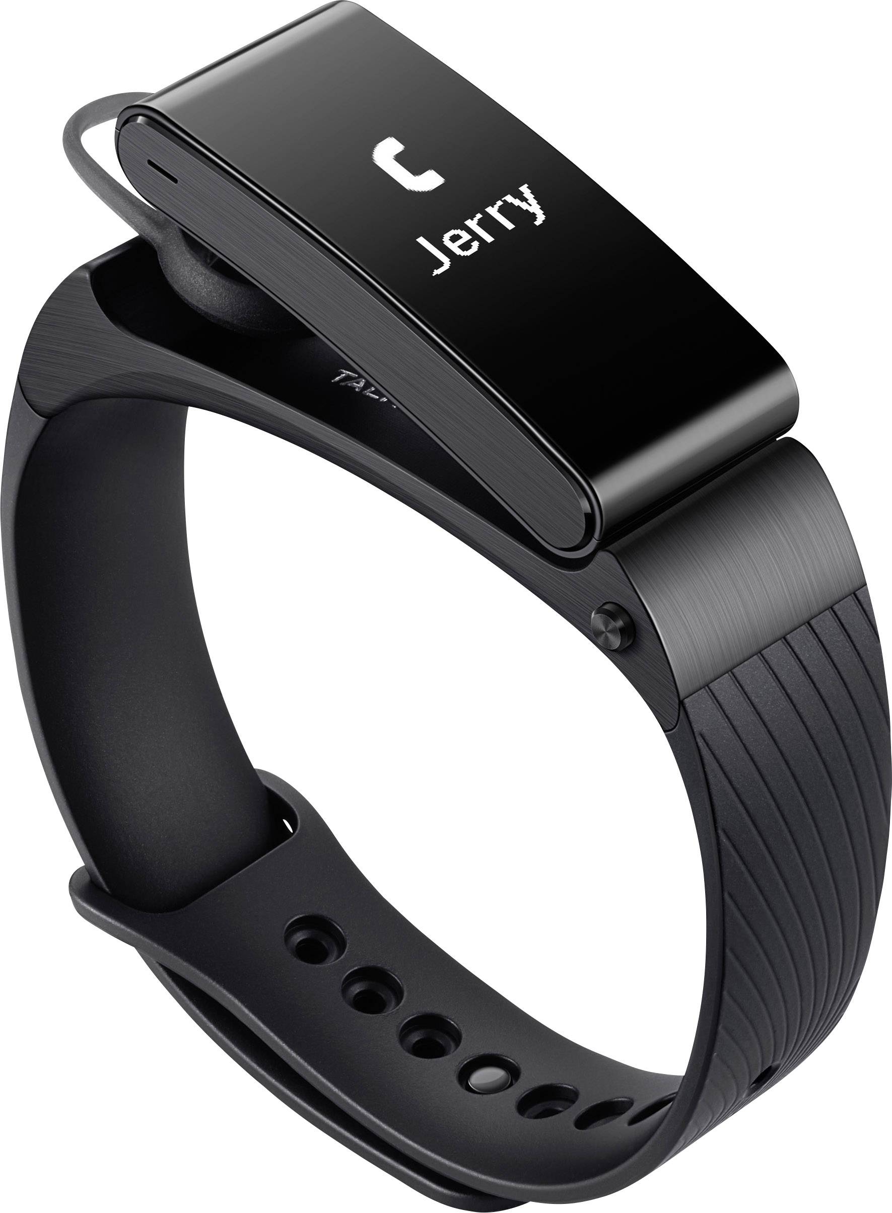 Smartwatch z zestawem słuchawkowym Bluetooth, wyświetlająca nadchodzące połączenie od 'Jerry'a'. Czarna opaska, nowoczesny design.
