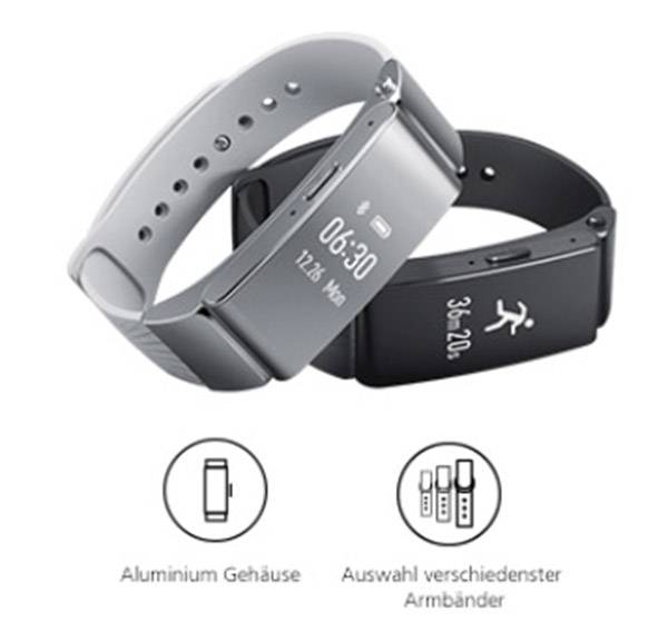 Dwie smartwatche z aluminiową obudową i różnymi paskami. Wyświetlacz pokazuje godzinę i liczbę kroków. Ikony poniżej przedstawiają opcje pasków.