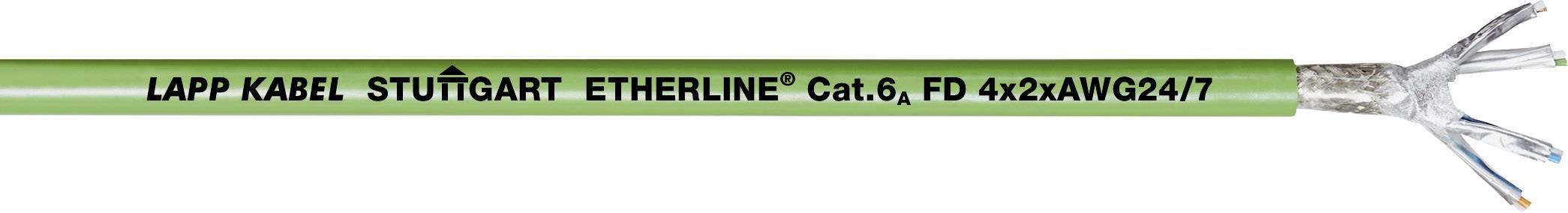 Zielony kabel Ethernet z napisem 'LAPP KABEL STUTTGART ETHERLINE® Cat.6, FD 4x2xAWG24/7', ukazujący końcówki kabla z odkrytymi przewodami.