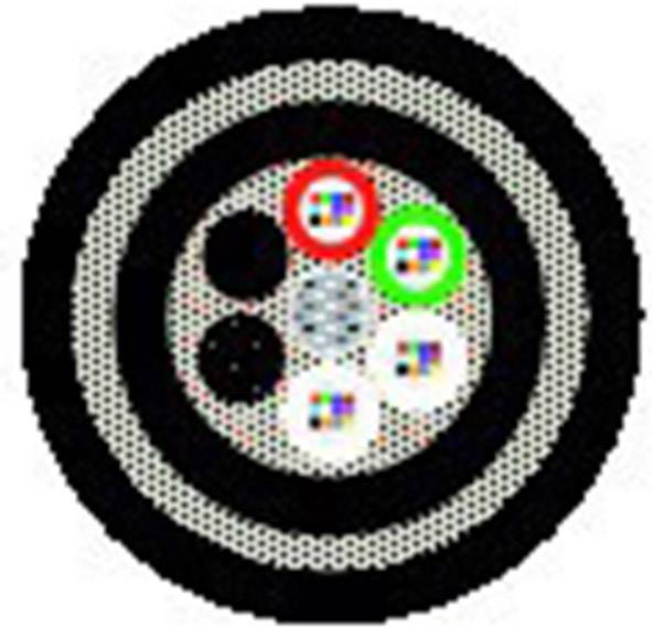 Okrągły, symetryczny wzór z czarnymi, białymi i szarymi kołami, niektóre z nich zawierają kolorowe, pikselowate wzory.