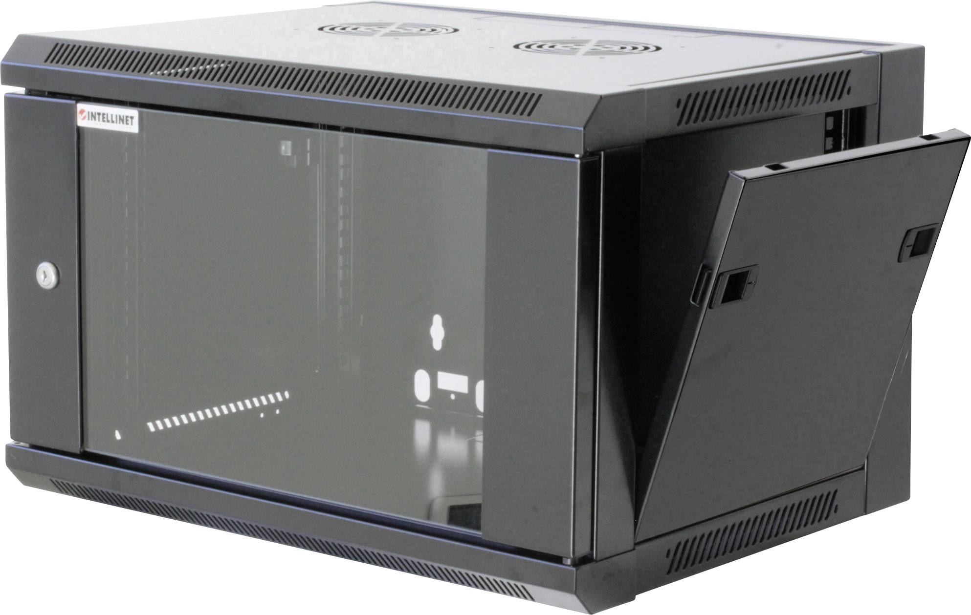 Czarny naścienny szafa sieciowa ze szklaными drzwiami i bocznym otwieranym panelem. Idealna do przechowywania sprzętu serwerowego.