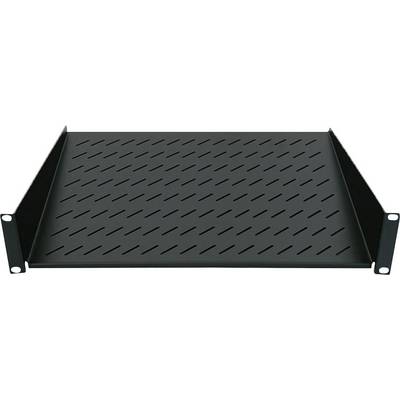 Czarna, perforowana półka rack z bocznymi uchwytami, przeznaczona do montażu w szafie 19-calowej. Odpowiednia do instalacji sprzętu komputerowego.