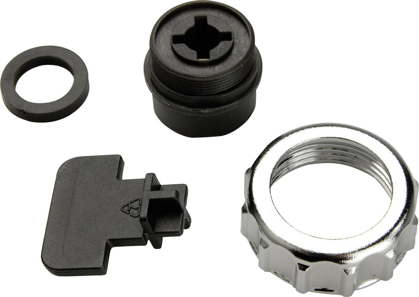 Zestaw montażowy do roweru składający się z czarnej nasadki, pierścienia gumowego, adaptera i srebrnego pierścienia gwintowanego.