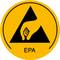Żółta tarcza z czarnym trójkątem i ręką trzymającą element elektroniczny. Poniżej napis "EPA". Symbolizuje ochronę przed wyładowaniami elektrostatycznymi.