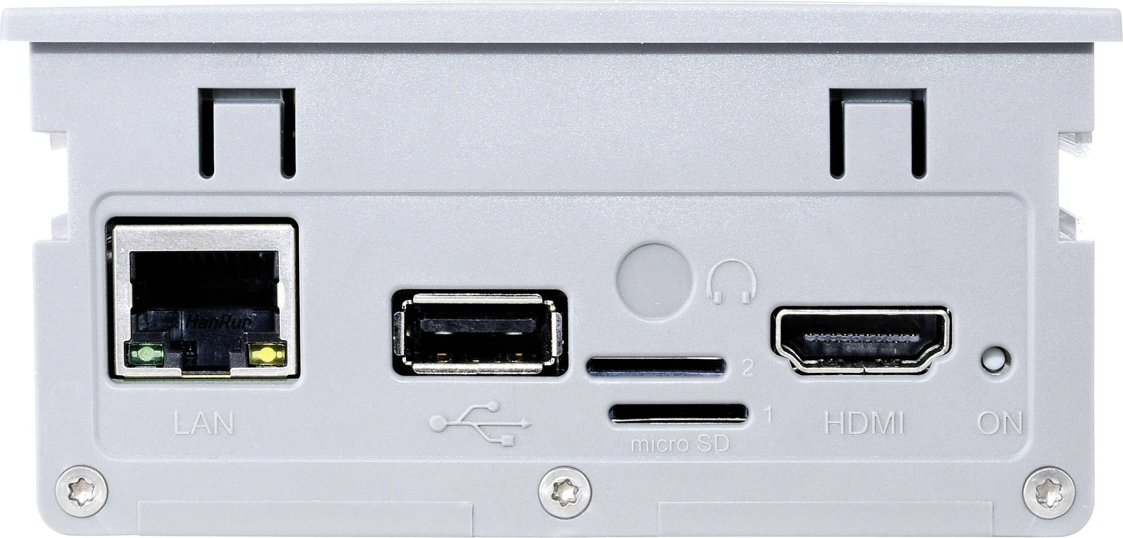 Tylna strona urządzenia z gniazdem LAN, portem USB, wyjściem HDMI, złączem micro-USB do zasilania oraz slotem na karty microSD.