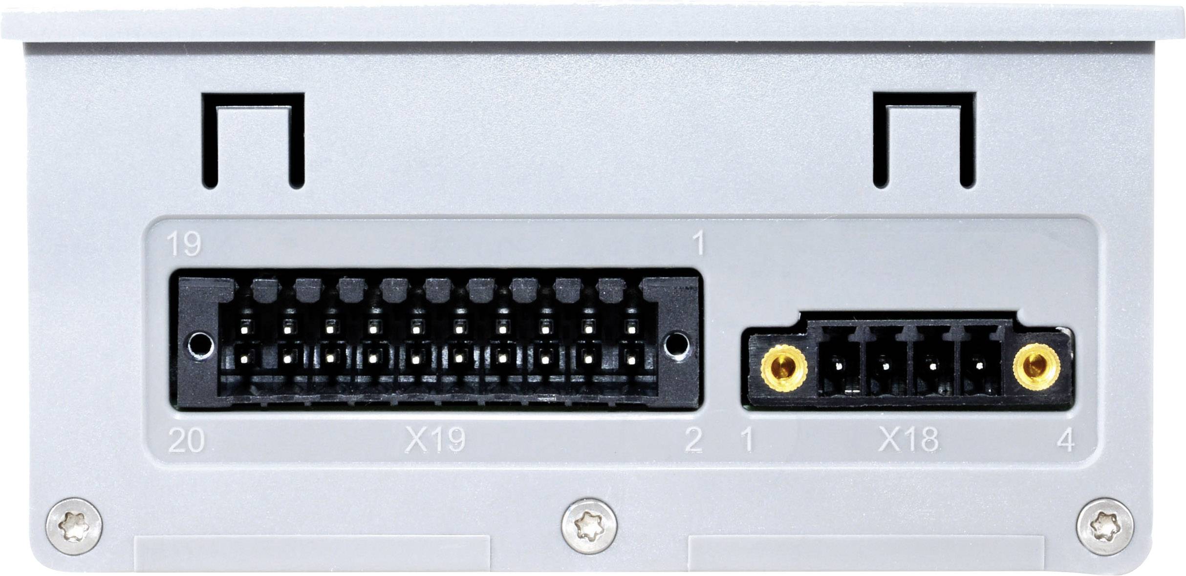 'Tylna strona urządzenia z dwoma złączami: po lewej większe 20-stykowe złącze (X19), po prawej mniejsze 4-stykowe złącze (X18).'
