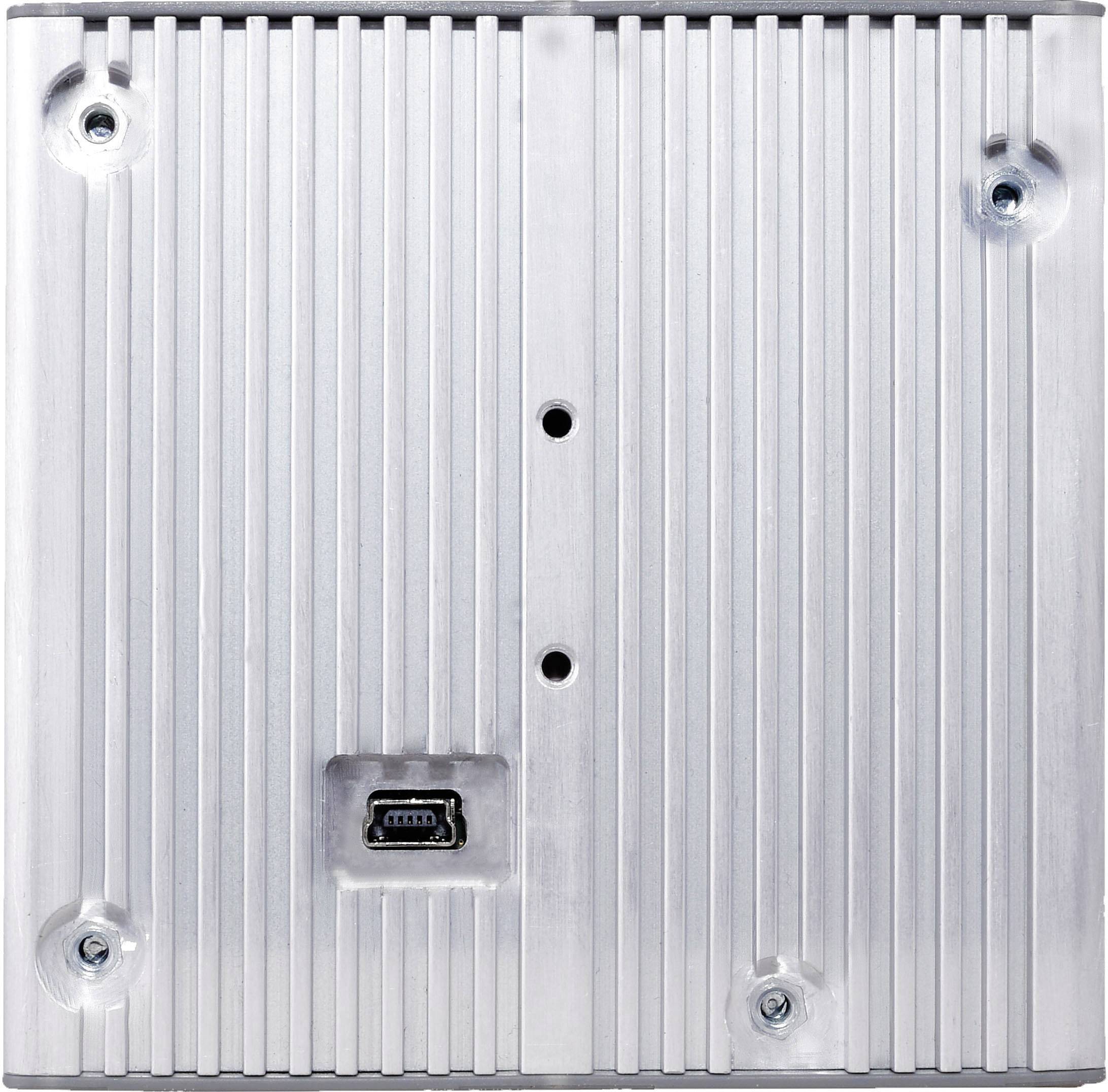 Urządzenie z żebrowaną metalową tylną ścianką, złączem USB pośrodku oraz czterema śrubami mocującymi w rogach.