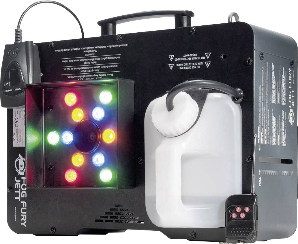 Maszyna mgłowa z wbudowanymi diodami LED świecącymi w różnych kolorach. Po prawej stronie stoi kanister z płynem.