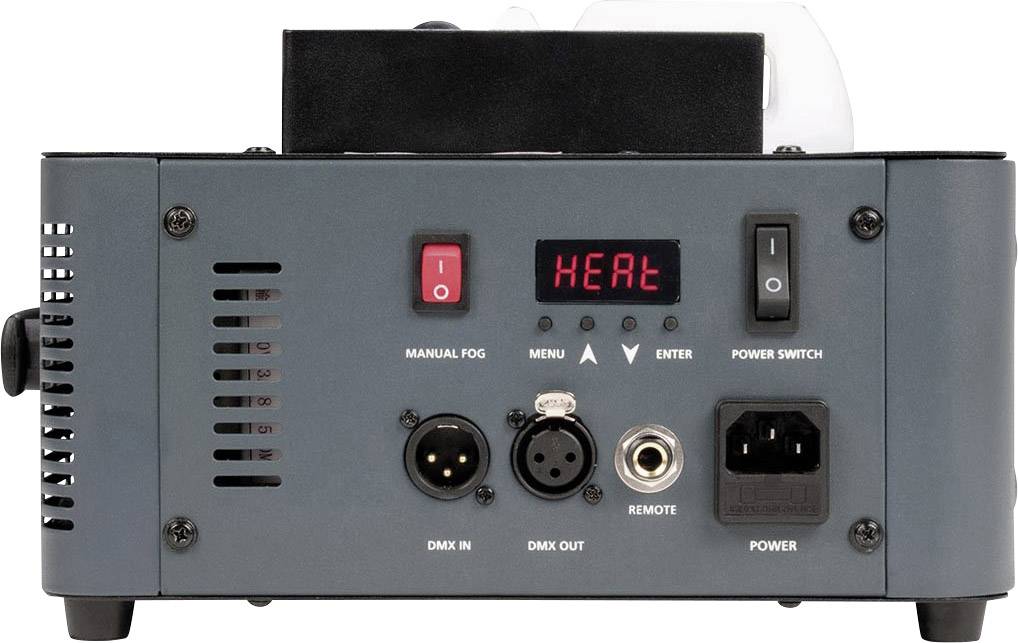 Widok z tyłu panelu sterowania maszyny mgłowej z włącznikiem/wyłącznikiem, złączami DMX oraz wyświetlaczem pokazującym napis 'HEAT'.