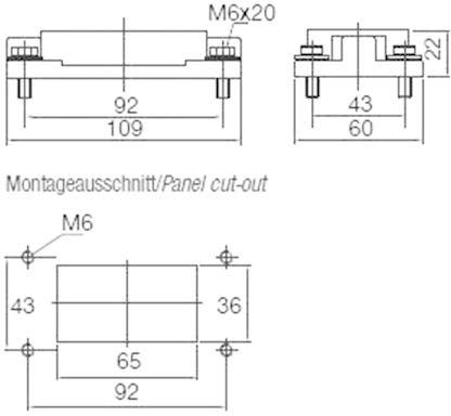Rysunek techniczny elementu z wymiarami: U góry dwa widoki, śruby M6x20, wymiary 109x22 oraz 92x43. Na dole wycinek montażowy: 92x65.
