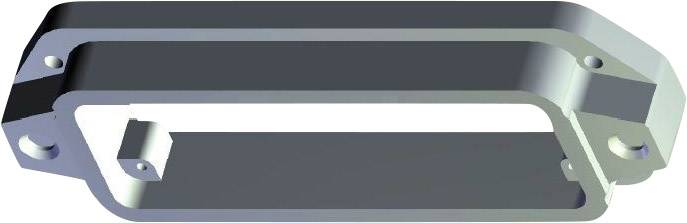 Metalowy element w kształcie prostokąta z zaokrąglonymi krawędziami i otworami w narożnikach, prawdopodobnie część składowa mechanicznego podzespołu.