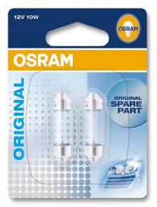 Opakowanie lamp zapasowych Osram, 12V, 10W. Zawiera dwie identyczne lampy. Marka i informacje o produkcie wyraźnie widoczne.