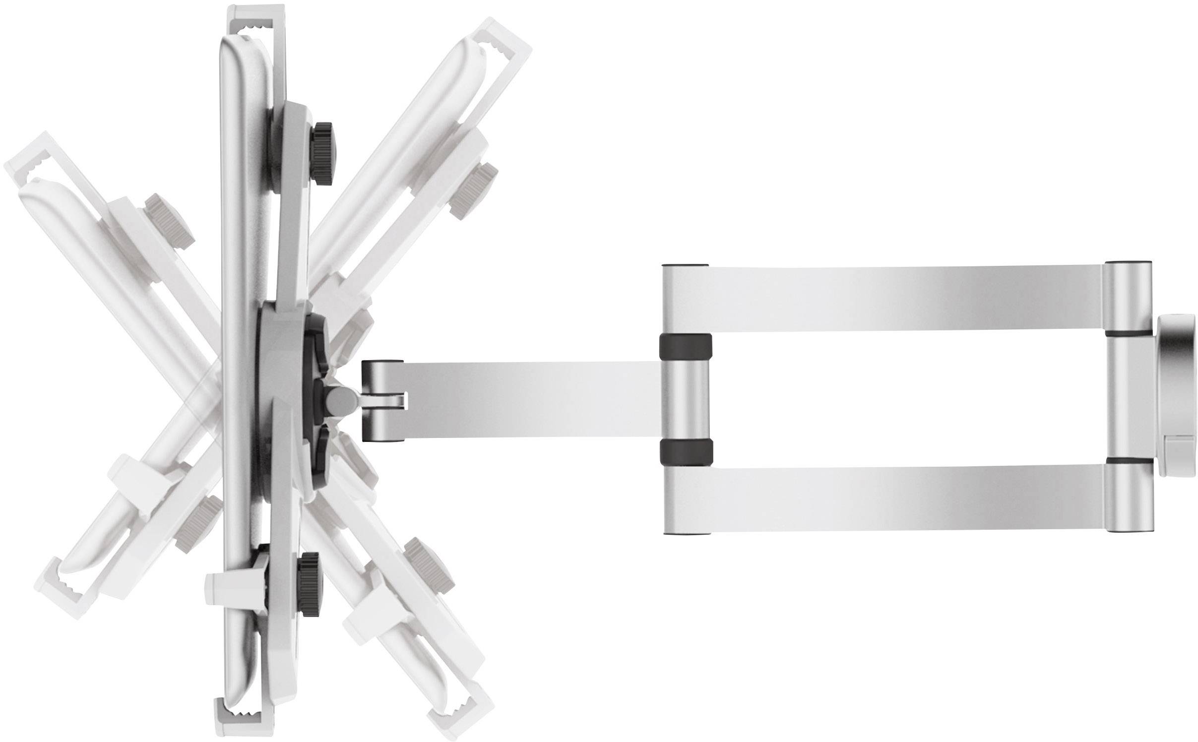 Uchwyt do monitorów z regulacją pionową i poziomą, prezentujący elastyczność mocowania naściennego.