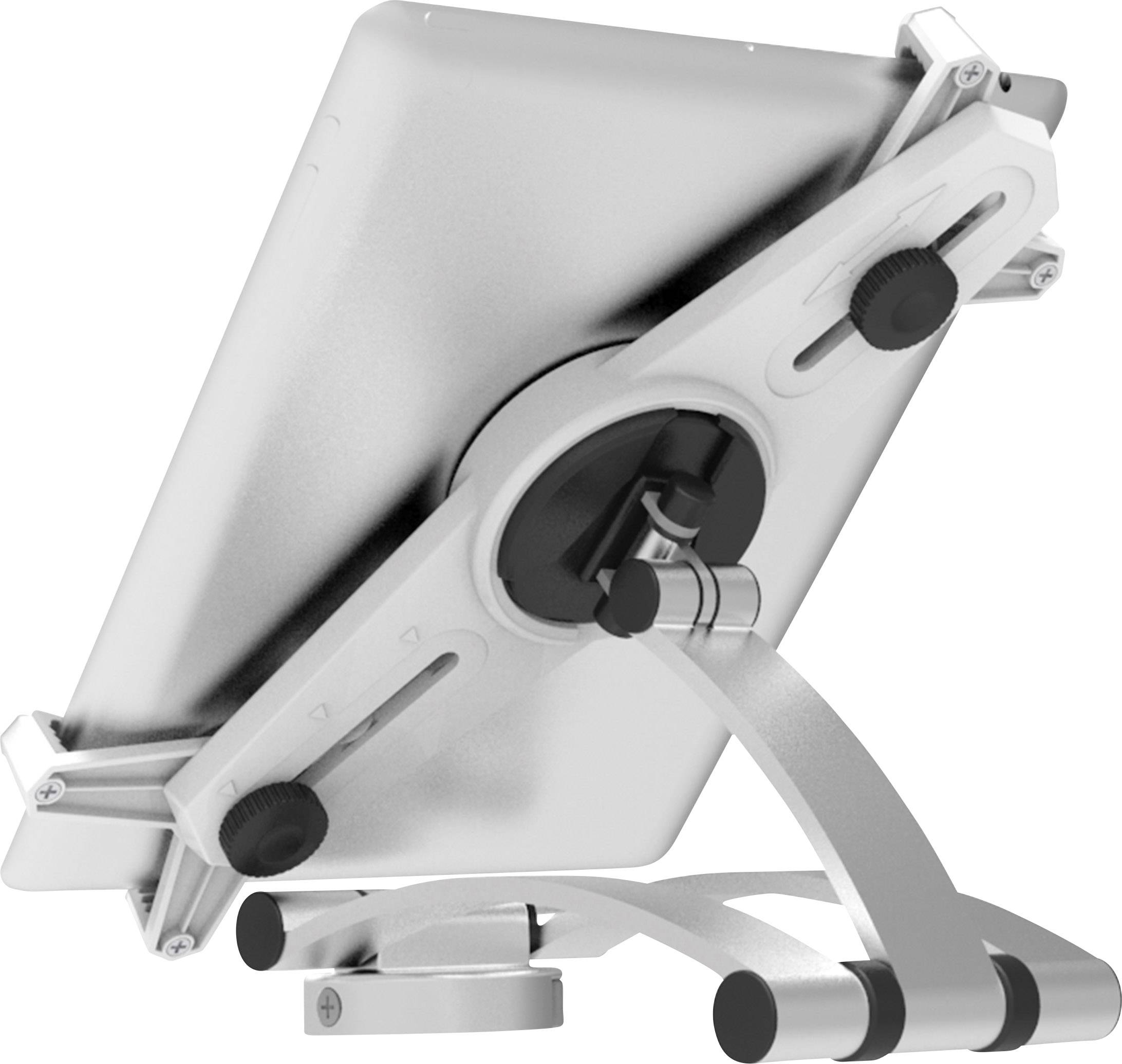 Srebrny, regulowany uchwyt na tablet z metalu, widziany z boku, prezentuje mocowanie z obrotowymi przegubami zapewniającymi podparcie.