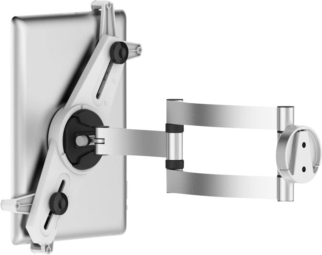 Metalowy uchwyt do monitora z elastycznym ramieniem, mocowany do ściany; regulowany do różnych rozmiarów ekranów.