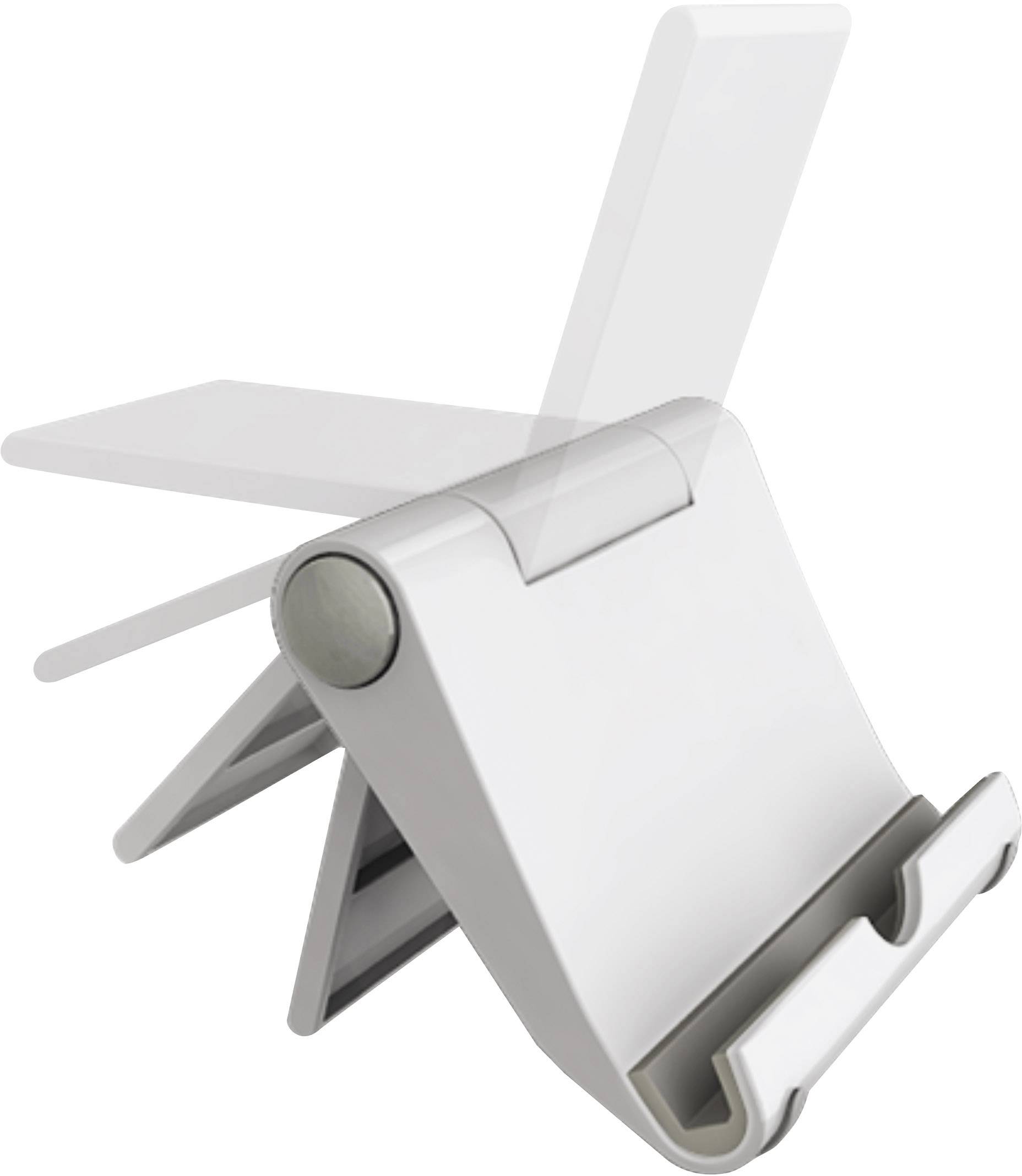Przenośny, składany uchwyt na tablet w kolorze białym, regulowany w wielu pozycjach, przeznaczony do użytku na biurkach.