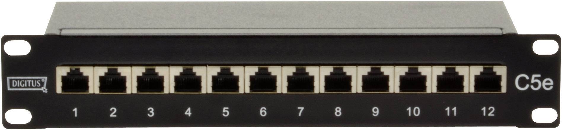 Patch panel z 12 portami RJ45, oznaczony numerami od 1 do 12, służący do zarządzania i dystrybucji połączeń sieciowych.