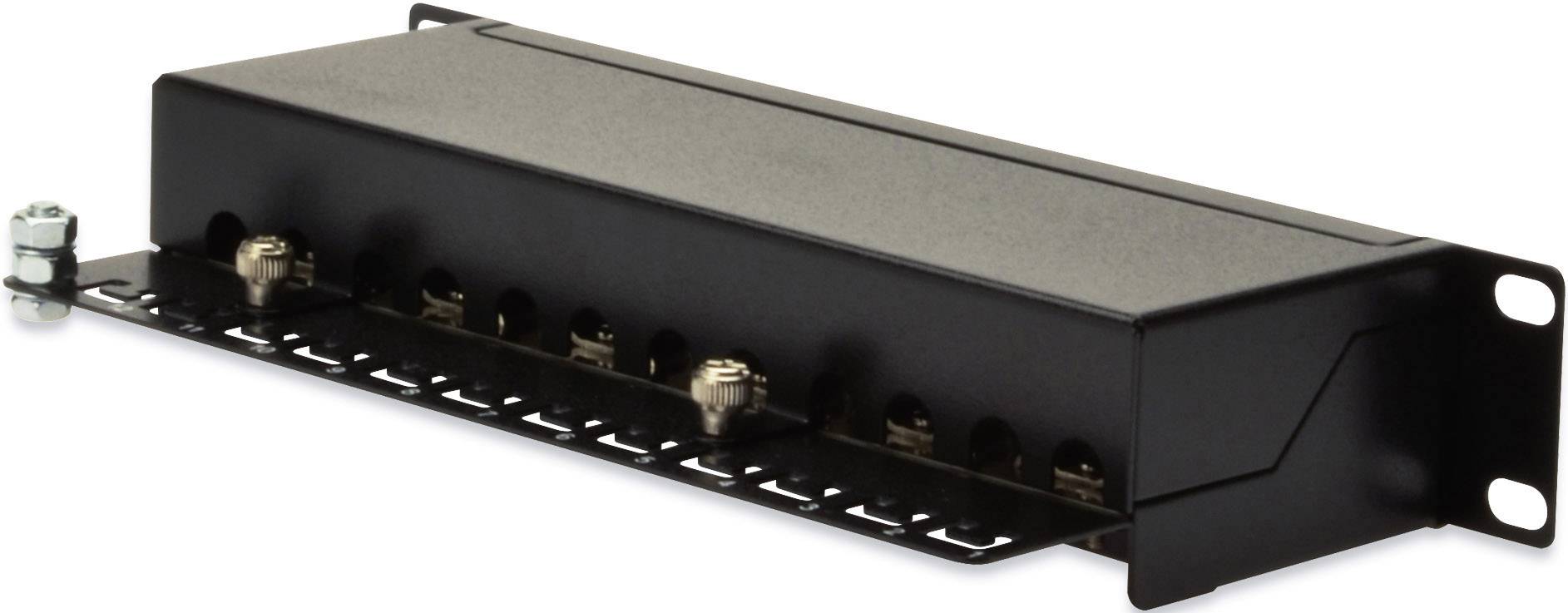 Czarna metalowa obudowa z wieloma złączami z przodu, przystosowana do montażu w szafie rack. Odpowiednia dla urządzeń audiowizualnych.