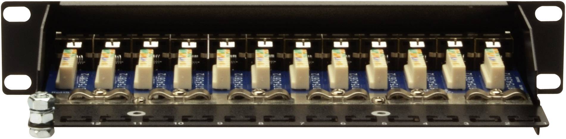 Obudowa metalowa z dziesięcioma złączami światłowodowymi w dwóch rzędach; złącza ponumerowane; do połączeń sieciowych.
