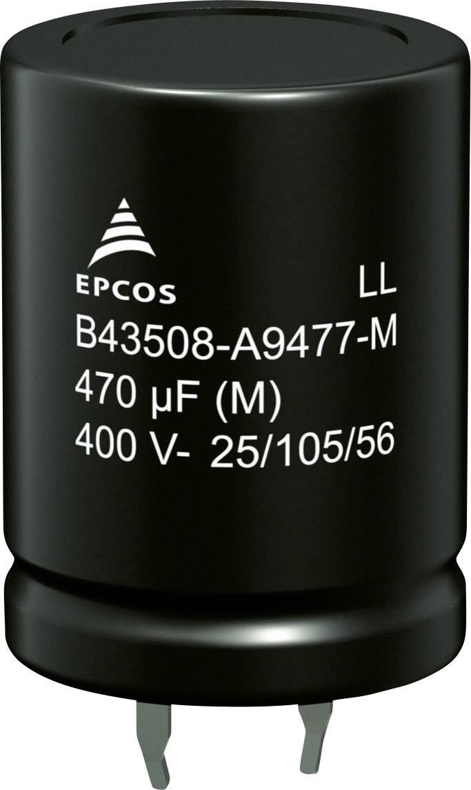 Czarny kondensator elektrolityczny z napisem 'EPCOS LL B43508-A9477-M 470 µF (M) 400 V- 25/105/56', przedstawiający specyfikacje techniczne.