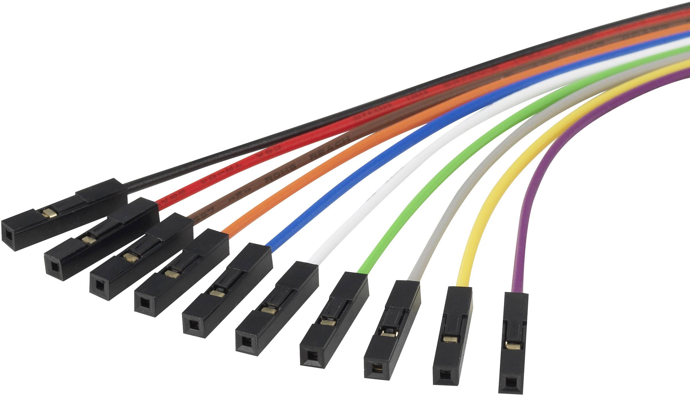 Wielokolorowe przewody połączeniowe z czarnymi złączami, odpowiednie do projektów elektronicznych lub majsterkowania, rozłożone są wachlarzowato.