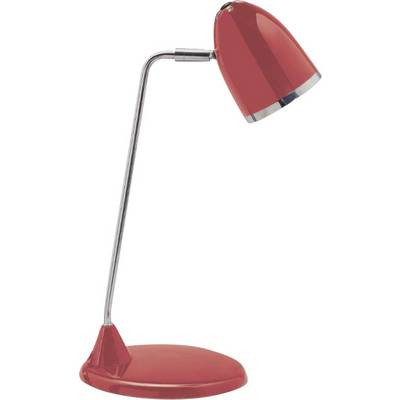 Czerwona lampa biurkowa z giętym metalowym ramieniem i okrągłą podstawą. Idealna do wyraźnego oświetlenia miejsca pracy lub podczas czytania.