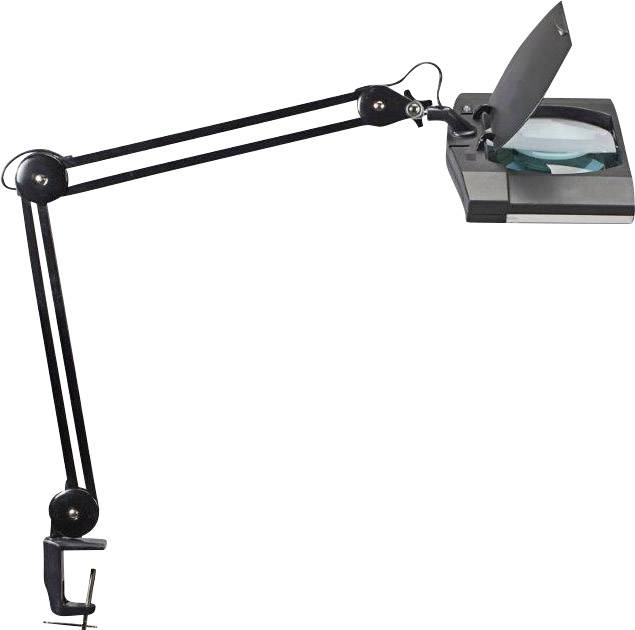 Obrotowa lampa biurkowa z lupą i zaciskiem, idealna do precyzyjnych prac lub hobby.