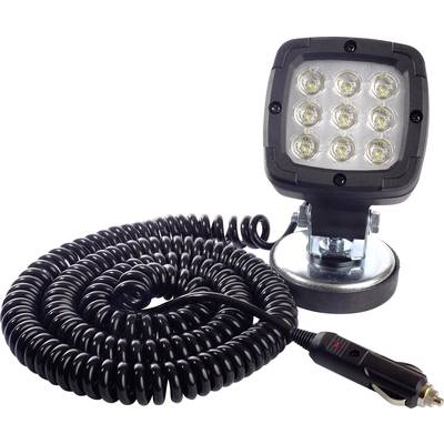 Kwadratowa lampa robocza LED z dziewięcioma lampkami i spiralnym przewodem, zakończona wtyczką do gniazda zapalniczki samochodowej.